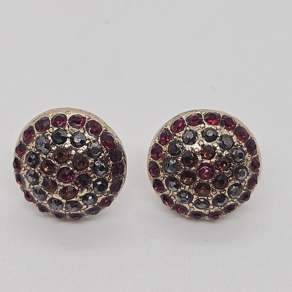 gold tone rhinestone button earrings red gray orange